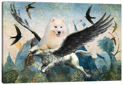Samoyed Dog Blue Sky With Hippogriff And Swifts Canvas Art Print