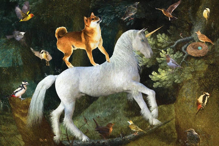 Shiba Inu A Forest Landscape With Unicorn