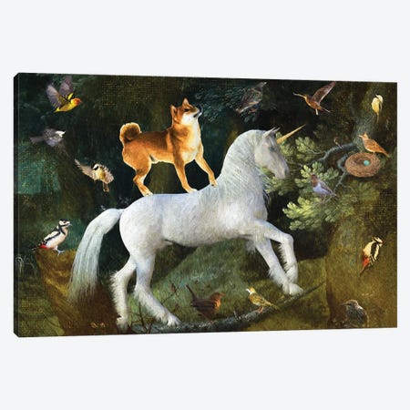 Shiba Inu A Forest Landscape With Unicorn Canvas Print #NDG1397} by Nobility Dogs Canvas Art