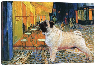 Pug Cafe Terrace At Night Canvas Art Print - All Things Van Gogh