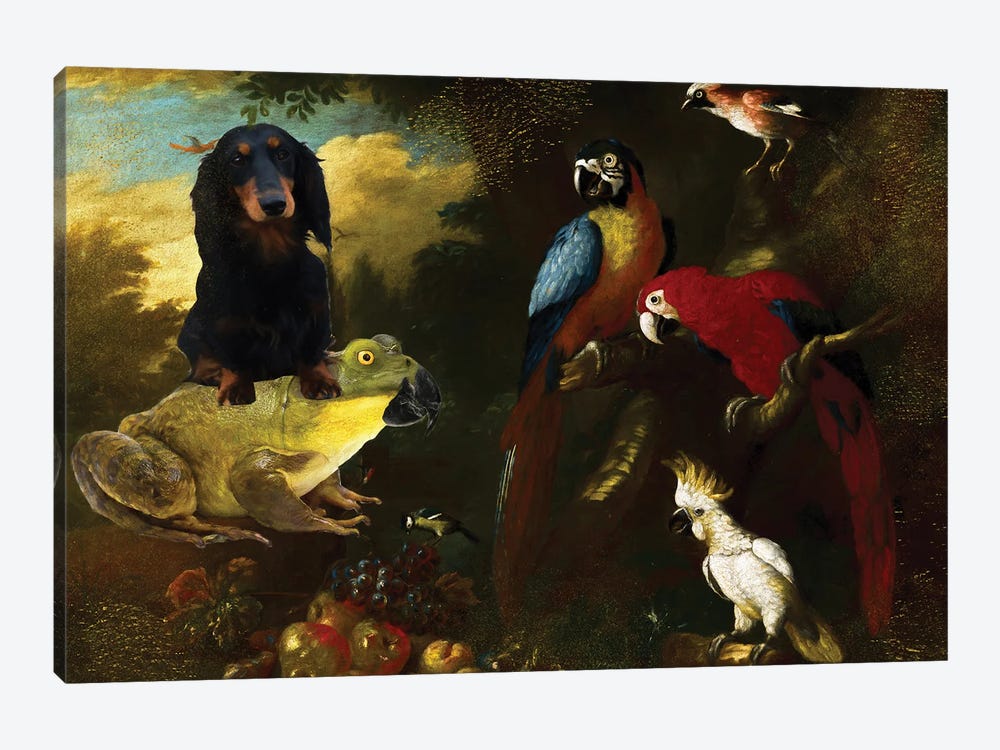 Longhaired Dachshund And Frog by Nobility Dogs 1-piece Art Print