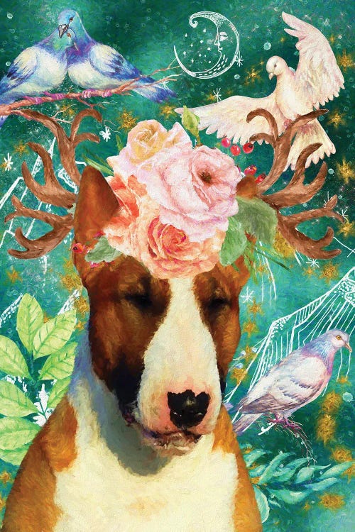 Bull Terrier With Antlers And Dove