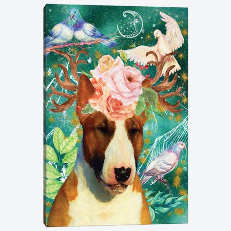 Bull Terrier With Antlers And Dove Canvas Print #NDG1491} by Nobility Dogs Canvas Art