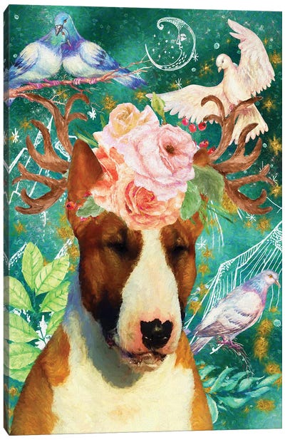 Bull Terrier With Antlers And Dove Canvas Art Print