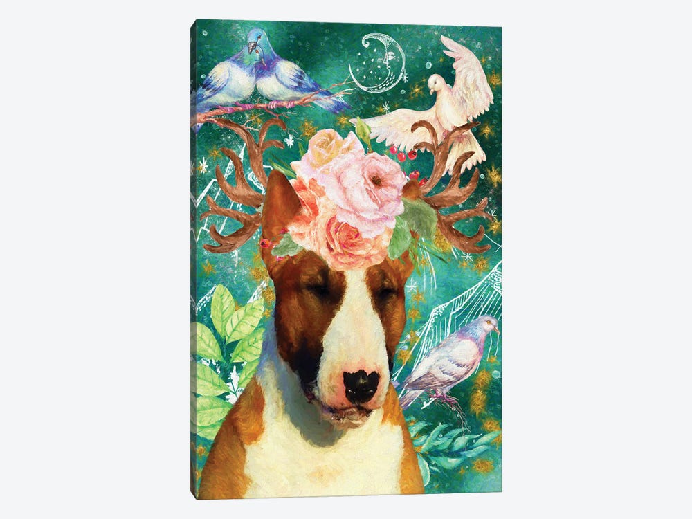 Bull Terrier With Antlers And Dove by Nobility Dogs 1-piece Canvas Artwork