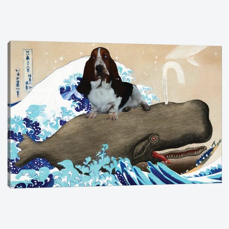 Basset Hound Kanagawa The Great Wave And Whale Canvas Print #NDG1532} by Nobility Dogs Art Print