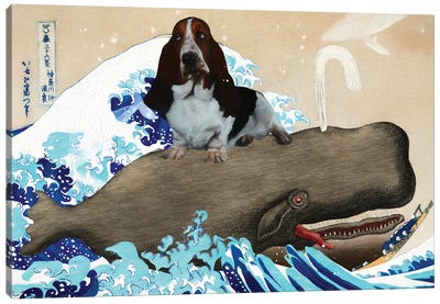 Basset Hound Kanagawa The Great Wave And Whale Canvas Art Print - Basset Hound Art