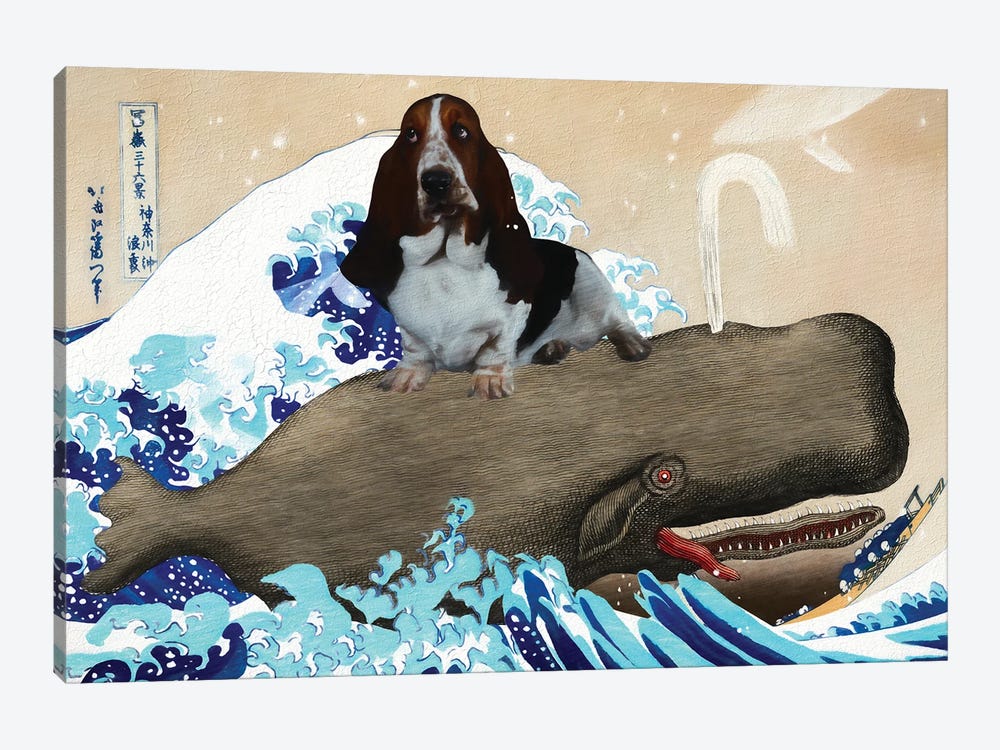 Basset Hound Kanagawa The Great Wave And Whale by Nobility Dogs 1-piece Canvas Art