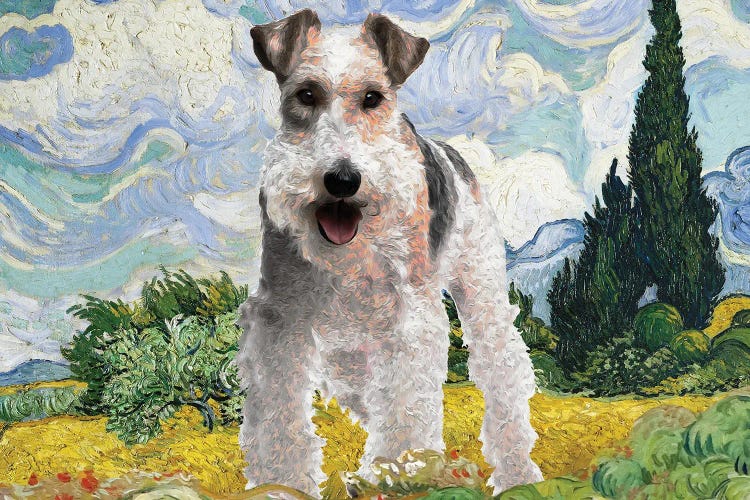 Wire Fox Terrier Wheat Field With Cypresses