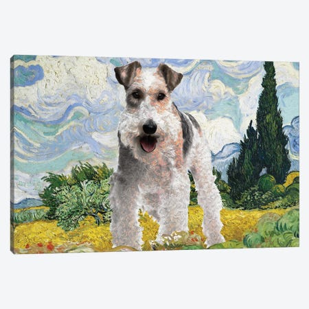 Wire Fox Terrier Wheat Field With Cypresses Canvas Print #NDG1555} by Nobility Dogs Canvas Artwork