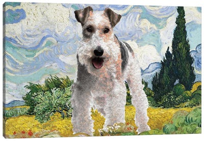 Wire Fox Terrier Wheat Field With Cypresses Canvas Art Print