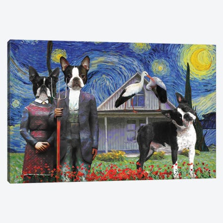 Boston Terrier Starry Night American Gothic Canvas Print #NDG1673} by Nobility Dogs Canvas Artwork