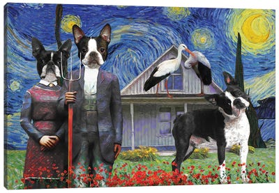 Boston Terrier Starry Night American Gothic Canvas Art Print - American Gothic Reimagined