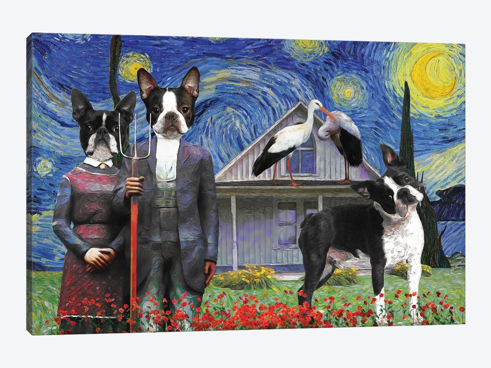 Boston Terrier Starry Night American Gothic by Nobility Dogs 1-piece Canvas Art Print