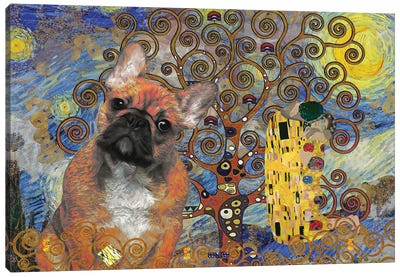 French Bulldog Starry Night Kiss and Tree of Life Canvas Art Print - All Things Klimt