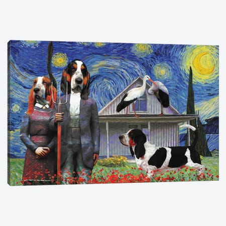 Basset Hound Starry Night American Gothic Canvas Print #NDG1679} by Nobility Dogs Canvas Artwork