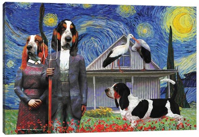 Basset Hound Starry Night American Gothic Canvas Art Print - American Gothic Reimagined
