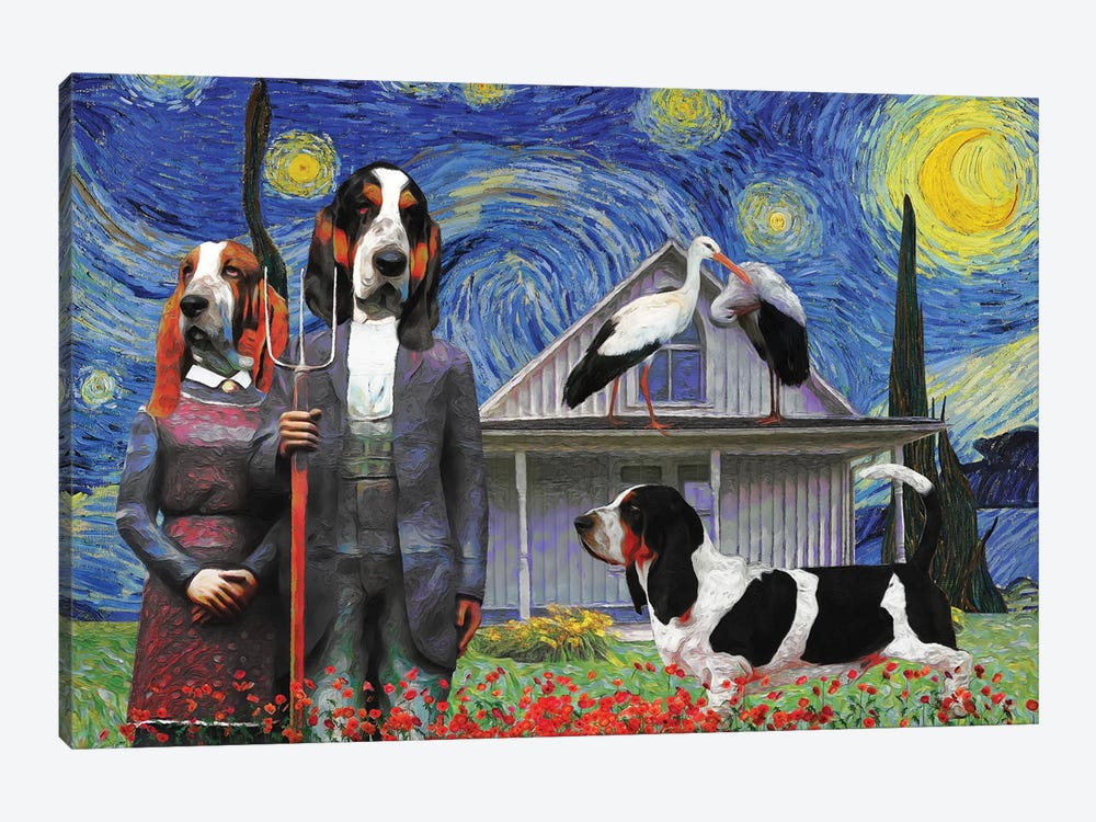 Basset Hound Starry Night American Gothic by Nobility Dogs 1-piece Canvas Art Print