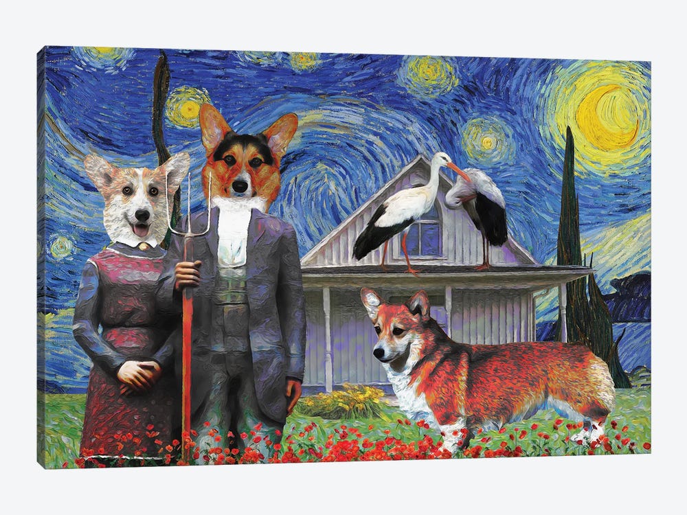 Pembroke Welsh Corgi Starry Night American Gothic by Nobility Dogs 1-piece Canvas Wall Art