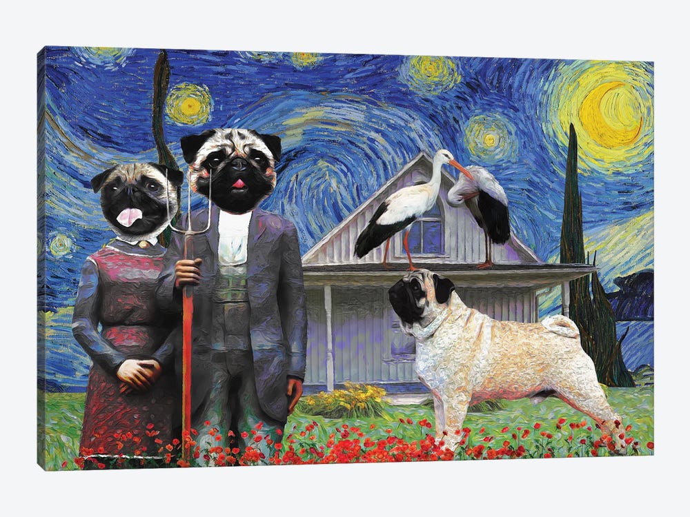 Pug Fawn Starry Night American Gothic by Nobility Dogs 1-piece Canvas Print