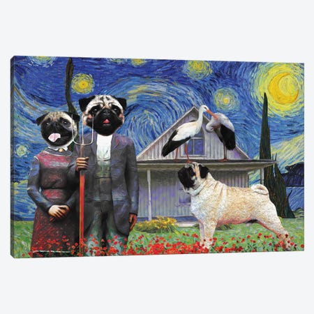 Pug Fawn Starry Night American Gothic Canvas Print #NDG1684} by Nobility Dogs Canvas Art