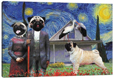 Pug Fawn Starry Night American Gothic Canvas Art Print - American Gothic Reimagined