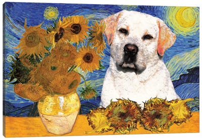 Labrador Retriever Starry Night and Sunflowers Canvas Art Print - Van Gogh's Sunflowers Collection