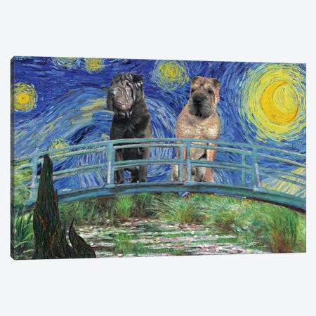 Shar Pei Starry Night Japanese Footbridge Canvas Print #NDG1692} by Nobility Dogs Canvas Wall Art