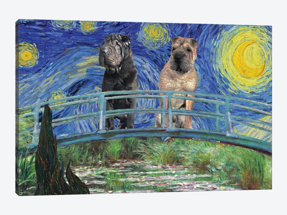 Shar Pei Starry Night Japanese Footbridge by Nobility Dogs 1-piece Canvas Wall Art