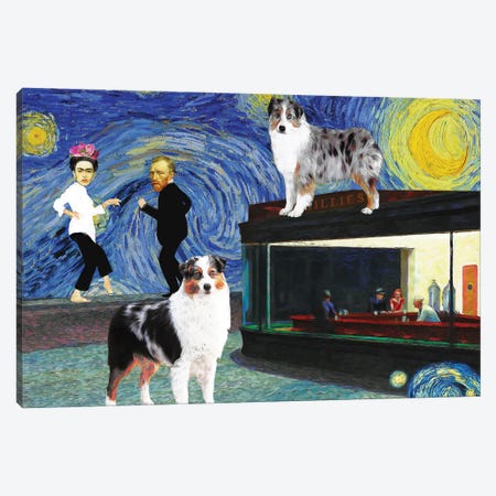 Australian Shepherd, Starry Night, Nighthawks, Pulp Fiction Dance Canvas Print #NDG1696} by Nobility Dogs Art Print