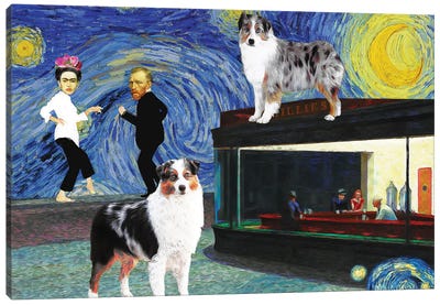 Australian Shepherd, Starry Night, Nighthawks, Pulp Fiction Dance Canvas Art Print - Nighthawks Reimagined