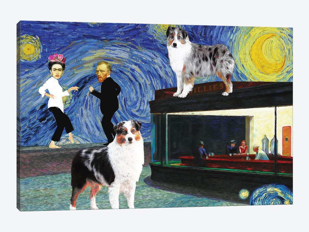 Australian Shepherd, Starry Night, Nighthawks, Pulp Fiction Dance by Nobility Dogs 1-piece Canvas Wall Art