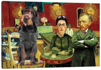 German Wirehaired Pointer, The Night Café, Frida Kahlo And Van Gogh Canvas Art Print