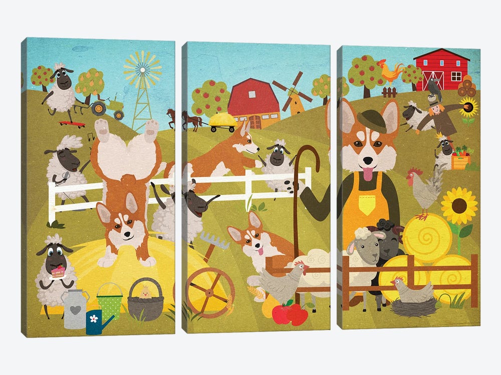 Pembroke Welsh Corgi Farm Life by Nobility Dogs 3-piece Canvas Artwork