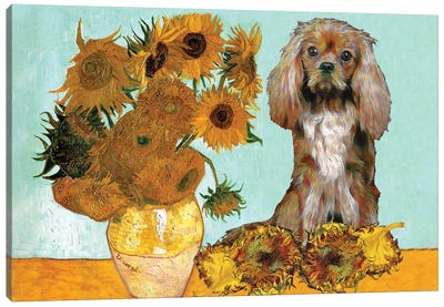 Cavalier King Charles Spaniel Sunflowers Canvas Art Print - Cavalier King Charles Spaniel Art