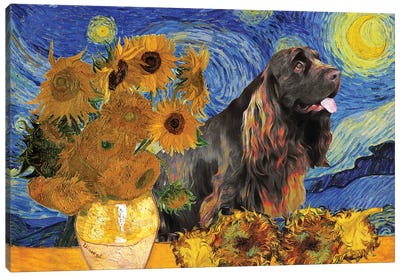 Sussex Spaniel Starry Night Sunflowers Canvas Art Print - Van Gogh's Sunflowers Collection
