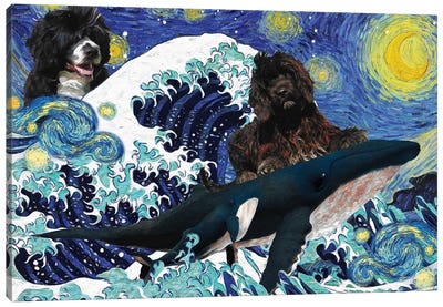 Portuguese Water Dog Starry Night The Great Wave Canvas Art Print - Portuguese Water Dog