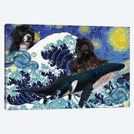 Portuguese Water Dog Starry Night The Great Wave Canvas Print #NDG1749} by Nobility Dogs Canvas Wall Art