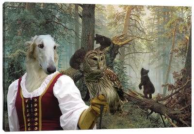 Borzoi Lady Owl And Bears Canvas Art Print