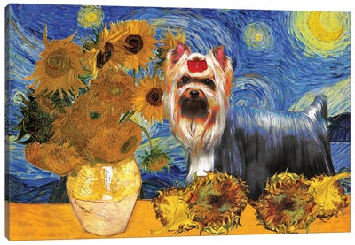 Yorkshire Terrier Starry Night Sunflowers Canvas Art Print - Van Gogh's Sunflowers Collection