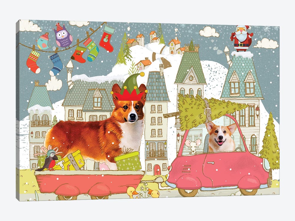Pembroke Welsh Corgi Christmas City Adventure by Nobility Dogs 1-piece Canvas Art Print