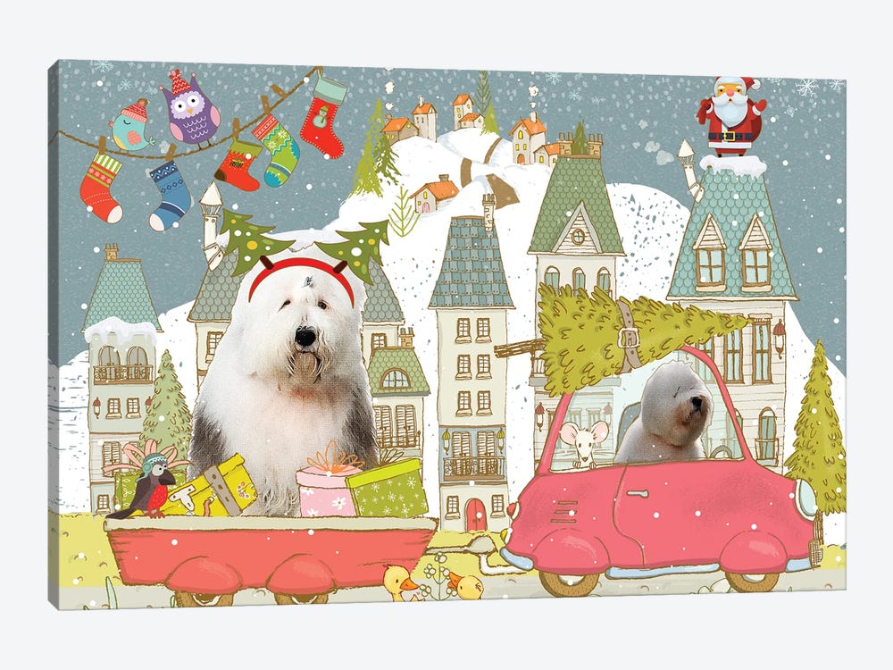 Old English Sheepdog Christmas City Adventure by Nobility Dogs 1-piece Canvas Wall Art