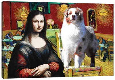Australian Shepherd The Night Café And Mona Lisa Canvas Art Print - Mona Lisa Reimagined