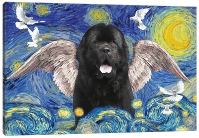 Newfoundland Dog Starry Night Angel Canvas Art Print - Newfoundland Art