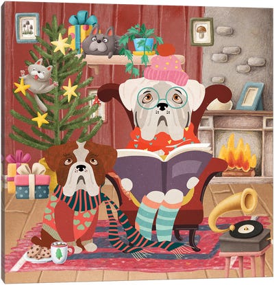 English Bulldog Christmas Time Canvas Art Print - Reading Art