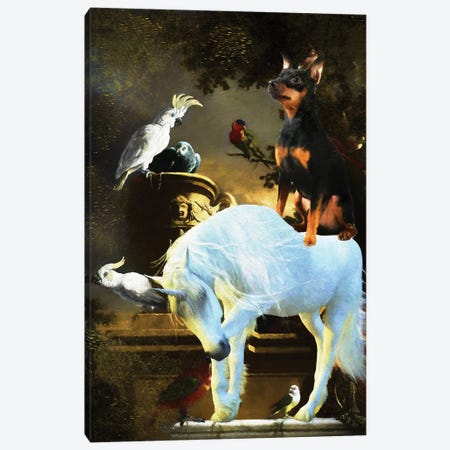 Miniature Pinscher The Bird Menagerie And Unicorn Canvas Print #NDG1871} by Nobility Dogs Canvas Artwork