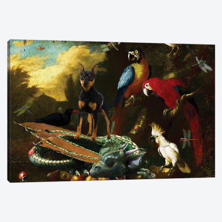 Miniature Pinscher Two Macaws, Cockatoo And Dragon Canvas Print #NDG1872} by Nobility Dogs Canvas Artwork