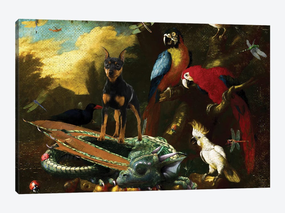 Miniature Pinscher Two Macaws, Cockatoo And Dragon by Nobility Dogs 1-piece Canvas Art Print