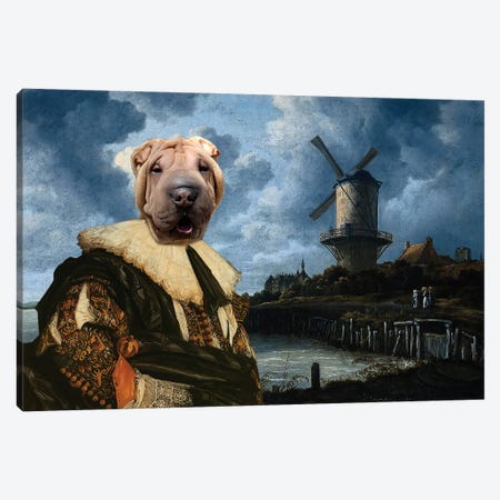 Shar Pei The Landscape With Windmill Canvas Print #NDG1885} by Nobility Dogs Canvas Artwork