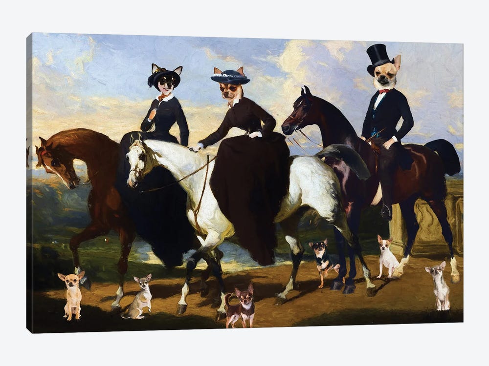 Chihuahua Two Amazons And Gentleman On Horseback by Nobility Dogs 1-piece Canvas Wall Art
